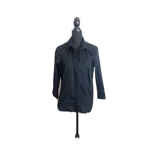 Talbots Button Up Blouse 14 Black Textured 3/4 Sleeve V-Neck Minimalist Cotton